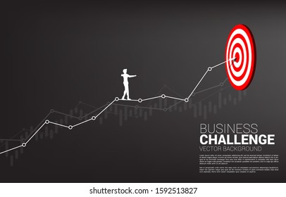 Silhouette Of Businessman Walk Rope On Line Graph To Center Of Dartboard.  Concept Of Targeting And Business Challenge.route To Success.