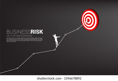 Silhouette Of Businessman Walk Rope On Line Graph To Center Of Dartboard.  Concept Of Targeting And Business Challenge.route To Success.