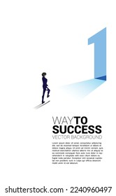 Silhouette of businessman walking to exit door number one. Concept of career start up and champion business solution.