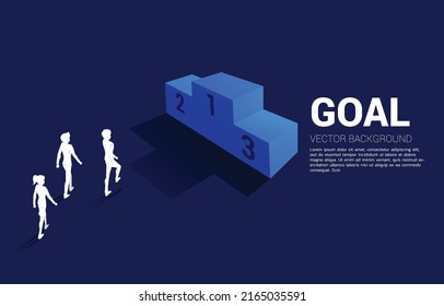 Silhouette of businessman walking to first place podium. Business Concept of winner and success