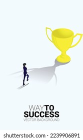 Silhouette of Businessman walking to golden trophy. Concept for business direction and mission vision