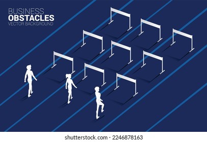 Silhouette businessman walking to  hurdles obstacle race. Background concept for competition and challenge in business