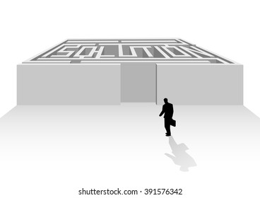 Silhouette of businessman walking into maze with the word solution