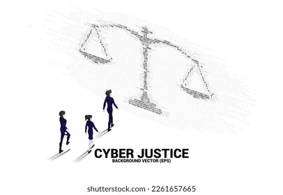 Silhouette of Businessman walking to Justice scale from one and zero binary code digit matrix style. Background Concept of cyber social judgment