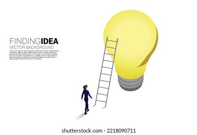 Silhouette of businessman walking to ladder to light bulb . Business Concept of creative idea and solution.