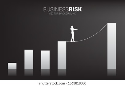 Silhouette of businessman walking on rope walk way to higher bar chart.Concept for business risk and challenge in career path