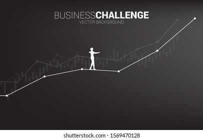 Silhouette Of Businessman Walking On Rope Walk Way Up To Growth Line Graph.Concept For Business Risk And Challenge In Career Path