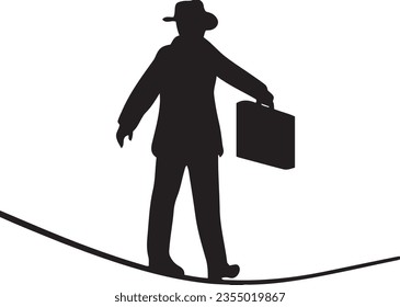 Silhouette Businessman Walking on Rope: Vector Illustration with Formal Attire, Businessman on Rope: Silhouette Vector Illustration | Equilibrium Concept