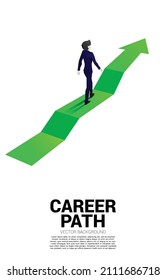 Silhouette of businessman walking on step up arrow. Concept of career path and start business