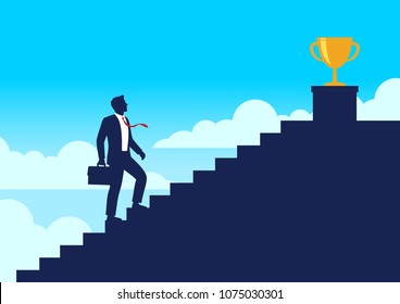 Silhouette businessman walking up stairway to trophy cup, Climb up the staircases and win price of success, Business journey concept growth and the path to successful, Flat design vector illustration