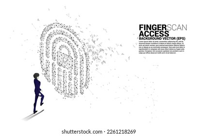 Silhouette businessman walking to thumbprint icon from dot connect line polygon. background concept for finger scan technology and privacy access.