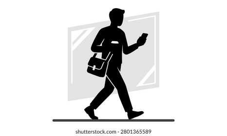 Silhouette of a businessman walking while using a smartphone, carrying a briefcase, with a reflective surface or window in the background