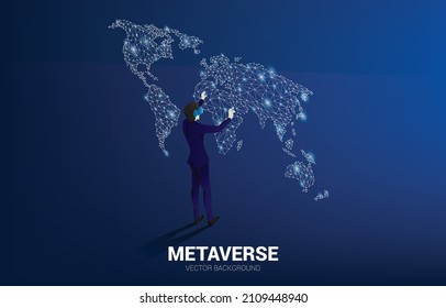 Silhouette businessman wear VR glasses with 3D world map. Concept of digital virtual reality technology and AR .