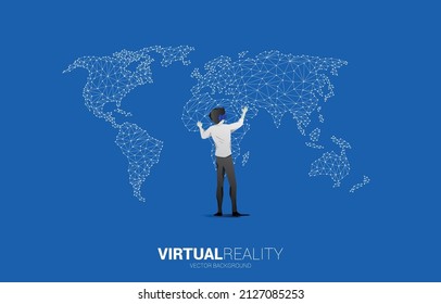 Silhouette businessman wear VR glasses with 3D world map. Concept of digital virtual reality technology and AR .