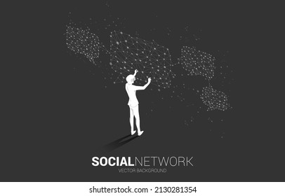 Silhouette businessman wear VR glasses with talk bubble icon with dot and line connections. Concept of digital virtual reality technology and AR .