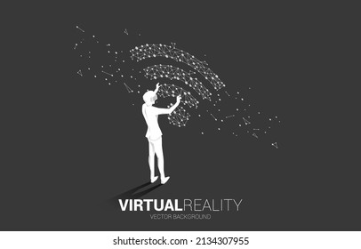 Silhouette businessman wear VR glasses with dot connect line circuit board style mobile data icon. Concept of digital virtual reality technology and AR .