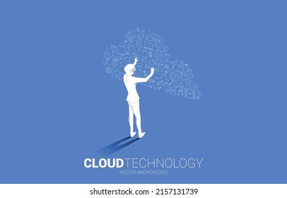 Silhouette businessman wear VR glasses with cloud from little icon. Concept of digital virtual reality technology and AR .