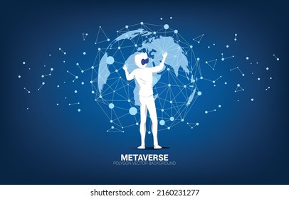 Silhouette businessman wear VR glasses with 3D world map. Concept of digital virtual reality technology and AR .