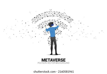 Silhouette businessman wear VR glasses with dot connect line circuit board style mobile data icon. Concept of digital virtual reality technology and AR .