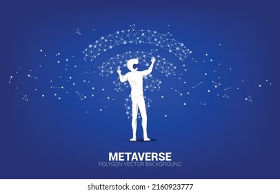 Silhouette businessman wear VR glasses with dot connect line circuit board style mobile data icon. Concept of digital virtual reality technology and AR .