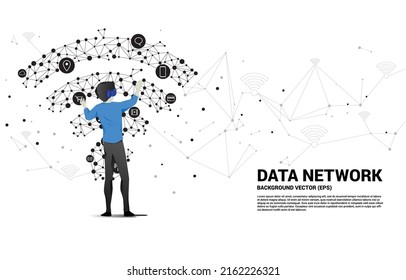 Silhouette businessman wear VR glasses with dot connect line circuit board style mobile data icon. Concept of digital virtual reality technology and AR .