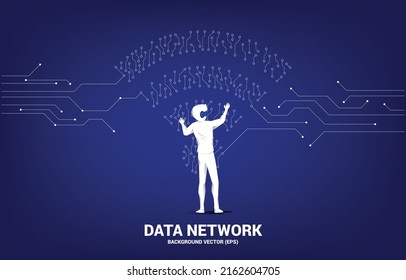 Silhouette businessman wear VR glasses with dot connect line circuit board style mobile data icon. Concept for data transfer of mobile and wi-fi data network.