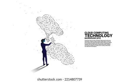 Silhouette businessman wear VR glasses with 3D cloud circuit board. Concept of digital virtual reality technology and AR .