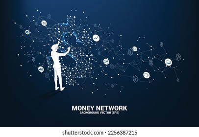 Silhouette businessman wear VR glasses with money dollar icon from Polygon dot connect line. Concept of digital virtual reality technology and AR .