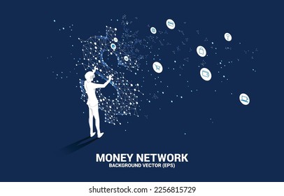 Silhouette businessman wear VR glasses with money dollar icon from Polygon dot connect line. Concept of digital virtual reality technology and AR .