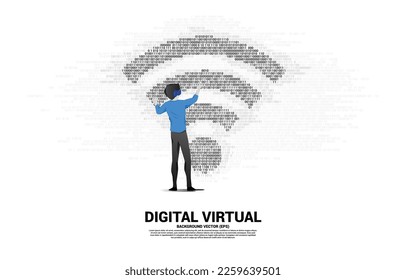 Silhouette businessman wear VR glasses with wi-fi mobile data icon with one and zero binary code matrix. Concept for data transfer of mobile and wi-fi data network.