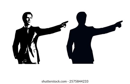 A silhouette of a businessman wearing a suit, standing confidently while pointing forward.