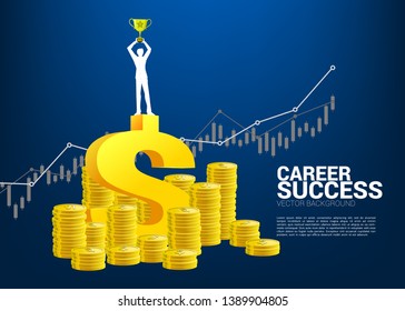 Silhouette of businessman with winner trophy standing on top of and growth graph with stack of coin. Concept of success investment and growth in business