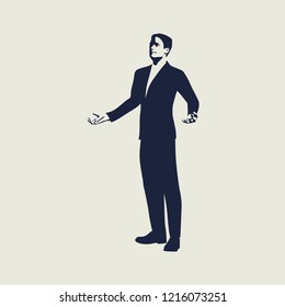 Silhouette of businessman in wizard pose. Web icon with for application