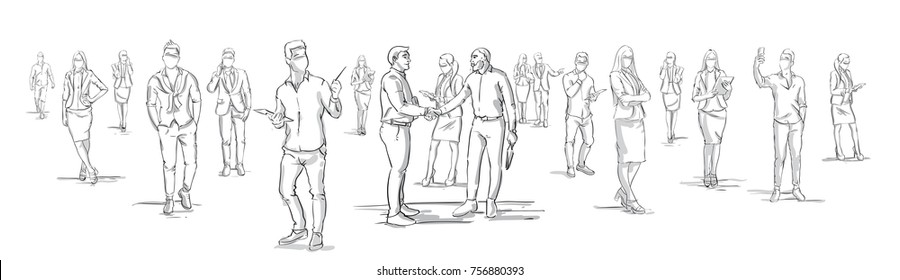 Silhouette Businessmen Shake Hands With Business People Group On Background, Businesspeople Shaking Hands Horizontal Banner Vector Illustration - Shutterstock ID 756880393