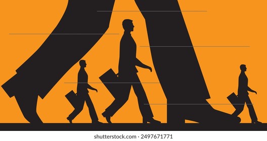 Silhouette of businessmen with suits and briefcases moving forward with big steps