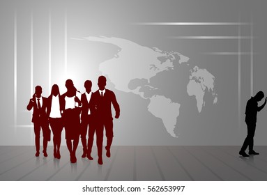 Silhouette Businesspeople Group Business Man And Woman Sketch Abstract World Map Background Vector Illustration
