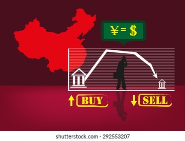 A Silhouette of a businessperson with Chinese Map and Stock Exchange Elements. Editable Clip Art, 
