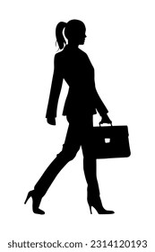 Silhouette of a Businesswoman with briefcase walking isolated on white background. Vector illustration