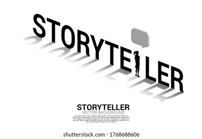 Silhouette of businesswoman with bubble speech in storyteller wording. concept of communication and storyteller.. 