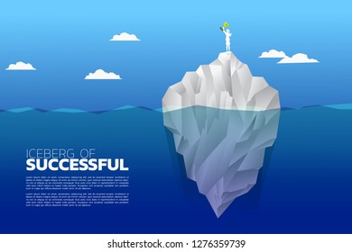 silhouette of businesswoman with champion trophy on top of iceberg. Concept of growth business, Success in Career path.
