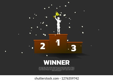 Silhouette of businesswoman with champion trophy on first place podium. Business Concept of winner and success