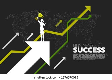 silhouette of businesswoman with champion trophy on top of growth graph. Concept of growth business, Success in Career path.
