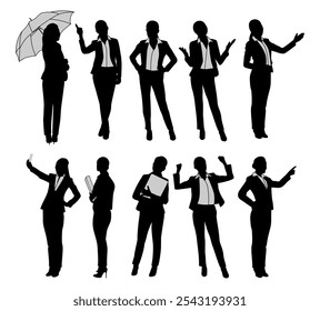 Silhouette of Businesswoman character in different poses. Young woman in suit standing, pointing, using phone, laptop, umbrella, front, side, back, rear view. Vector illustration on white background.