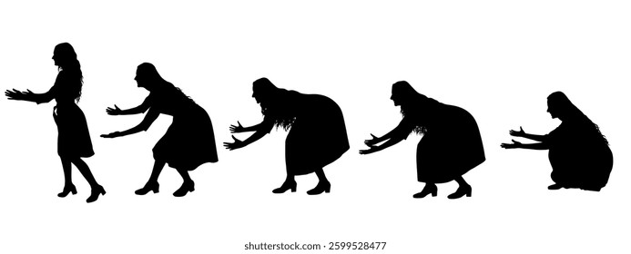 Silhouette of a businesswoman gradually bending down, set. Vector illustration
