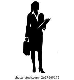 Silhouette of Businesswoman Holding Documents and Briefcase Standing in Professional Pose