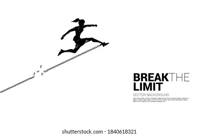 Silhouette of businesswoman jump to break the chain at foot. Concept of break the rule and limit in business.