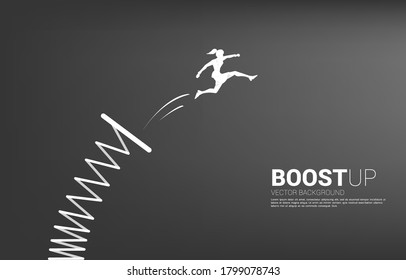 Silhouette of businesswoman jump higher with springboard. Concept of boost and growth in business.