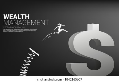 Silhouette of businesswoman jump to money dollar icon with springboard. Concept of boost and growth in business.