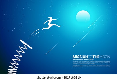 Silhouette of businesswoman jump to the moon with springboard. Concept of boost and growth in business.