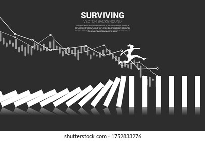 Silhouette of businesswoman jumping away on collapse domino. business concept of business disruption and domino effect